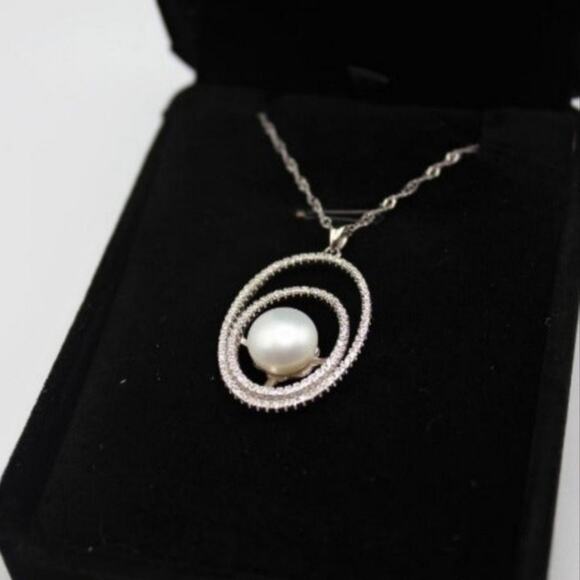 Natural Freshwater Pearl Necklace Pendant Double Layer Circle Zircon Silver NWT - Picture 6 of 11